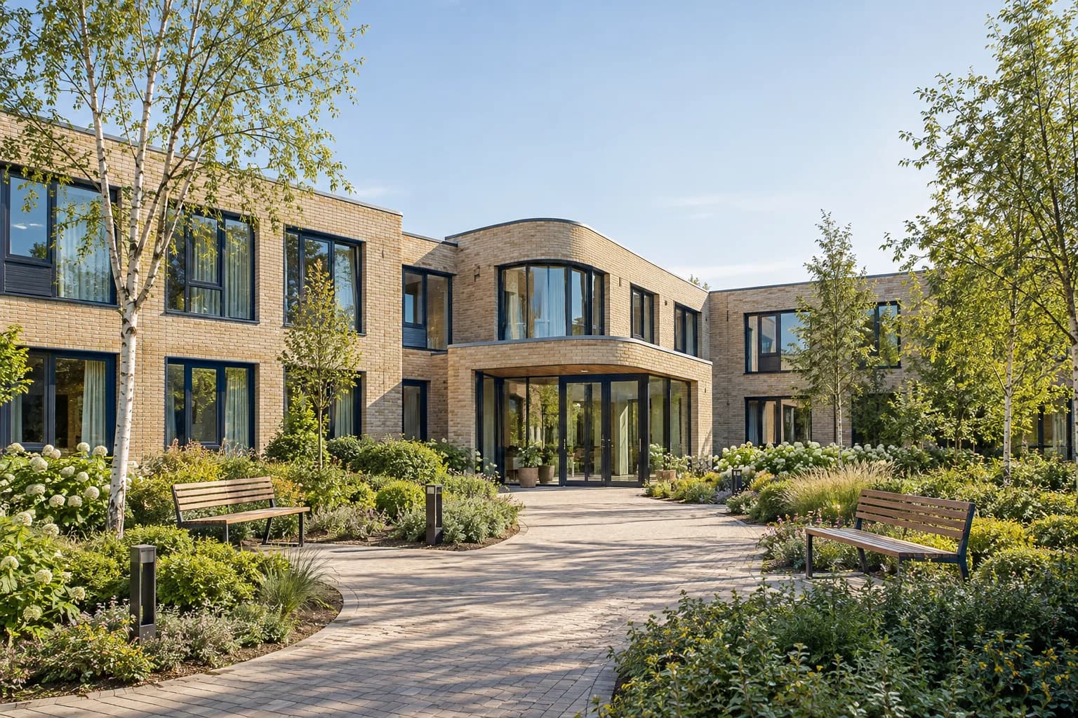 Zorggebouw met lichte gevel en ruime entree, gezien vanaf de tuinzijde