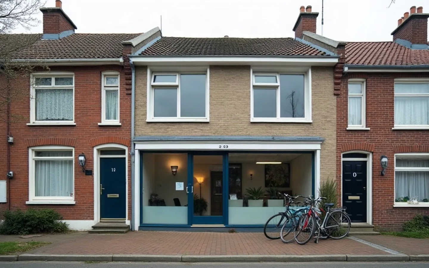 Praktijk op de begane grond van een woonhuis in een rij, met fietsen voor de pui