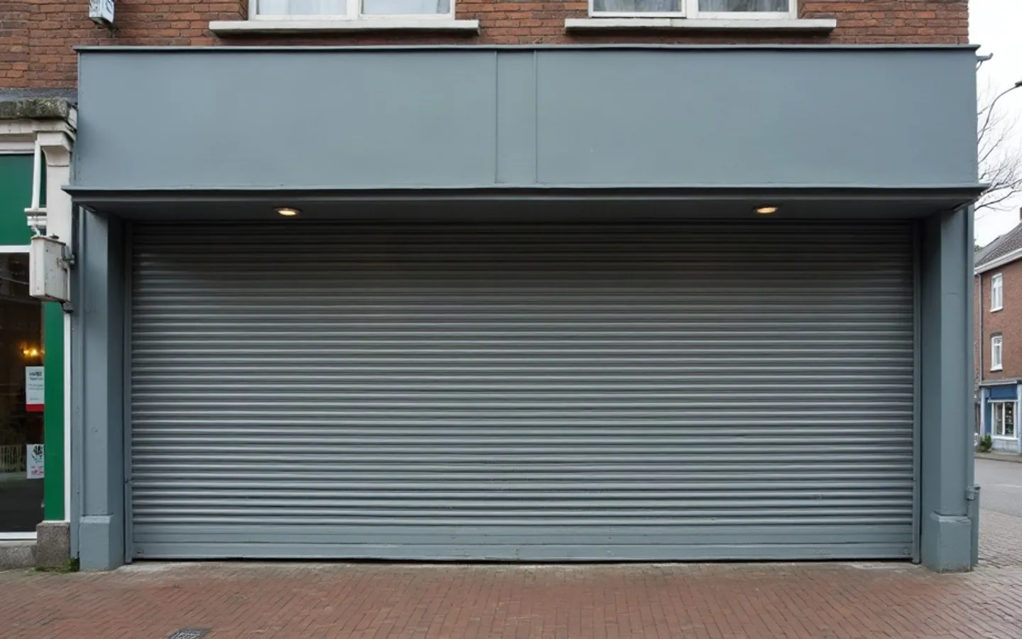 Gesloten grijs rolluik voor een ruimte op de begane grond van een bakstenen woonhuis aan een bestrate straat