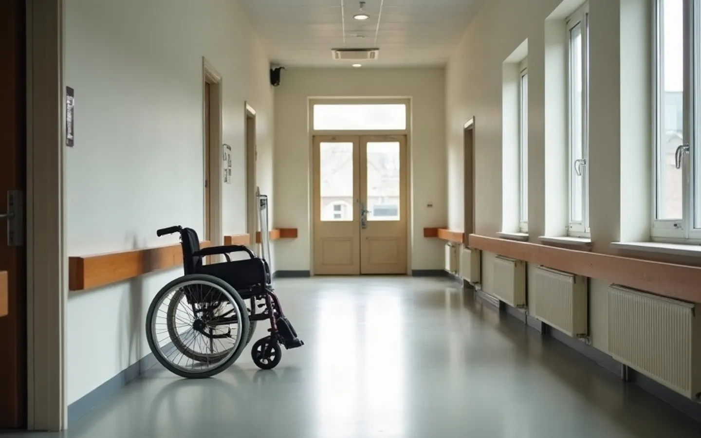 Lege, brede gang in een modern zorggebouw met houten leuningen langs beide muren, hoge ramen aan één kant en een lege rolstoel naast een open deur.