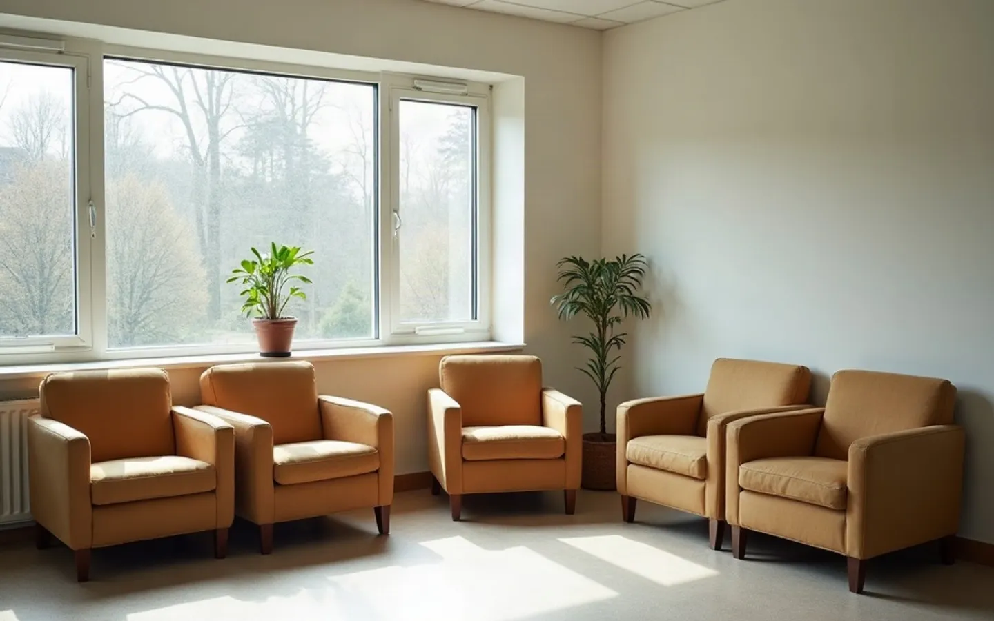 Lege gang in een kleinschalig woonzorggebouw met leuningen langs de muren, ochtendlicht door hoge ramen en een openstaande deur naar een lege, opgemaakte kamer.